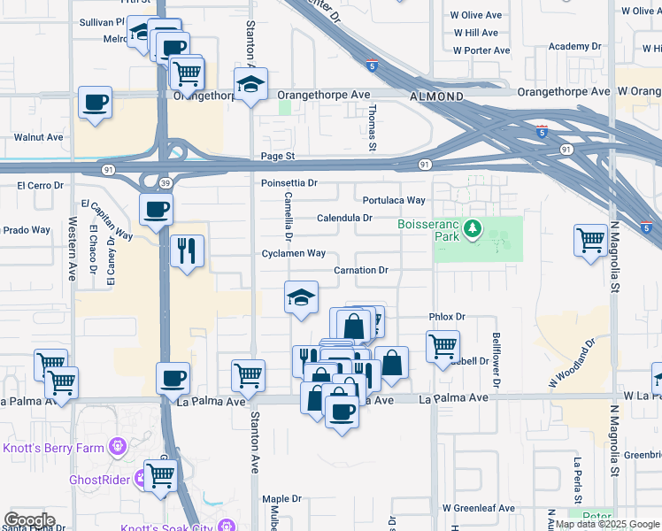 map of restaurants, bars, coffee shops, grocery stores, and more near 8205 Carnation Drive in Buena Park