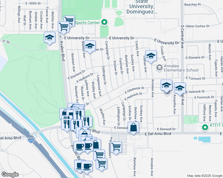 map of restaurants, bars, coffee shops, grocery stores, and more near 879 East Turmont Street in Carson