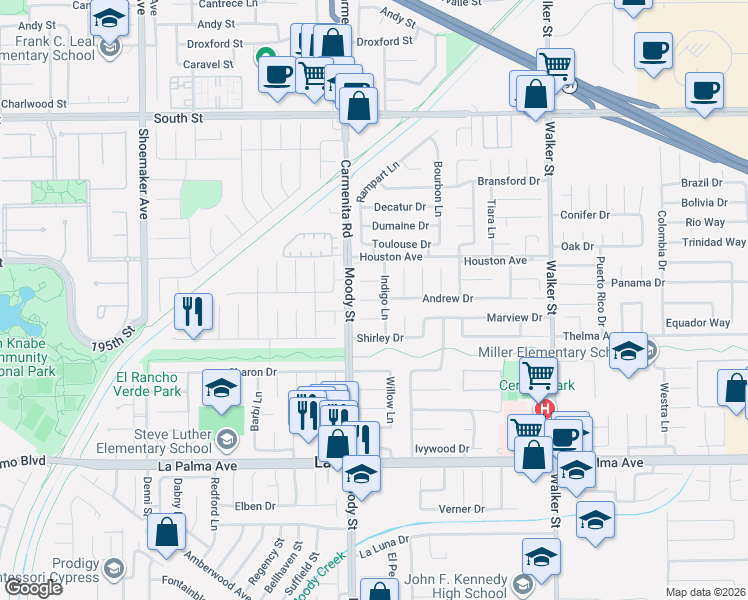 map of restaurants, bars, coffee shops, grocery stores, and more near 5337 Andrew Drive in La Palma