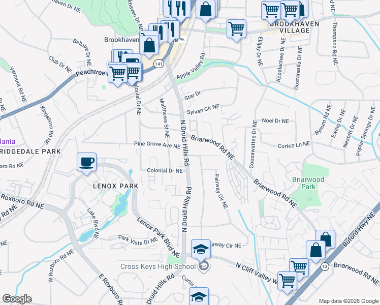 map of restaurants, bars, coffee shops, grocery stores, and more near 1399 North Druid Hills Road in Brookhaven