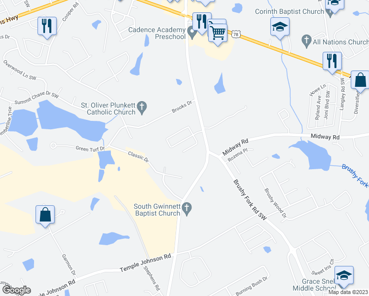 map of restaurants, bars, coffee shops, grocery stores, and more near 1501 Rose Terrace Circle in Loganville