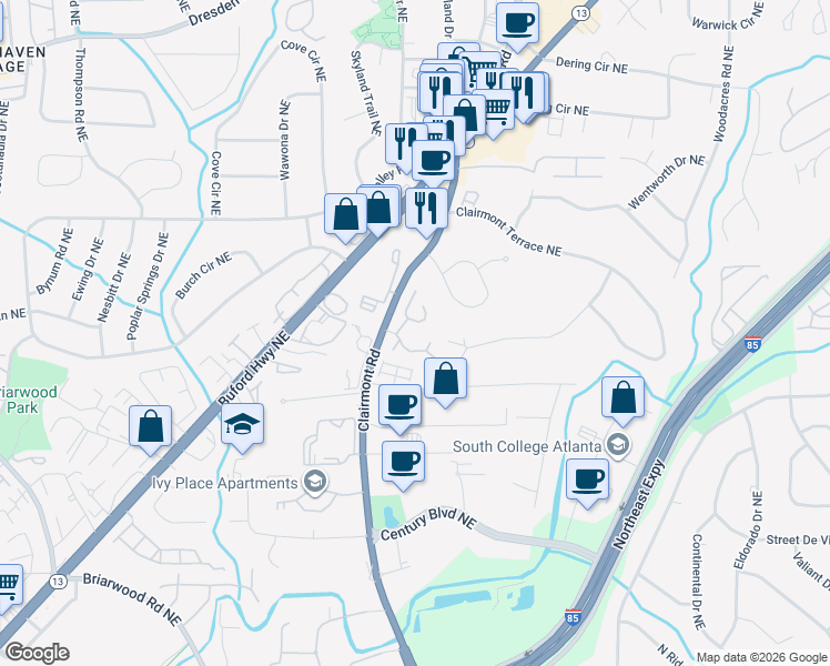 map of restaurants, bars, coffee shops, grocery stores, and more near 3209 Clairmont Road in Atlanta
