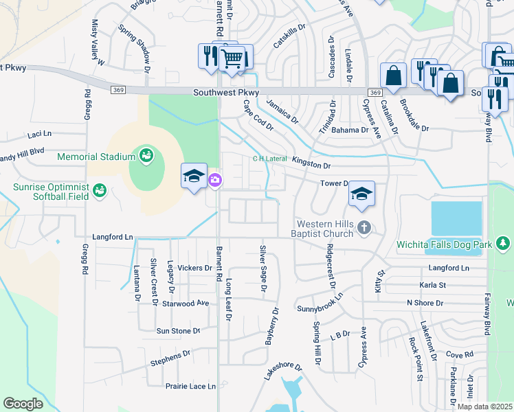map of restaurants, bars, coffee shops, grocery stores, and more near 4802 Windsong Drive in Wichita Falls