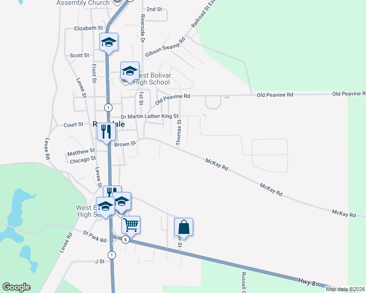 map of restaurants, bars, coffee shops, grocery stores, and more near 101 Brown Street in Rosedale