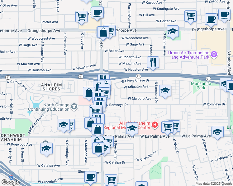 map of restaurants, bars, coffee shops, grocery stores, and more near 1236 North Dresden Place in Anaheim