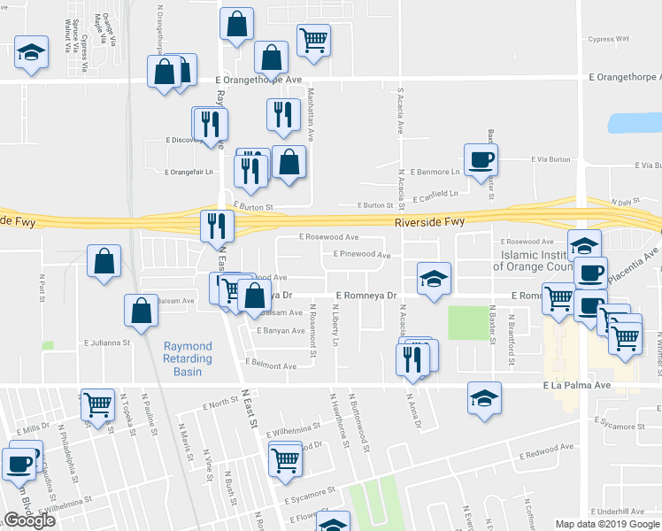 map of restaurants, bars, coffee shops, grocery stores, and more near 1407 East Kenwood Avenue in Anaheim