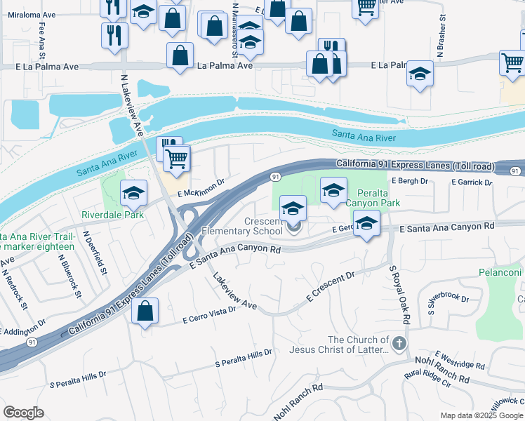 map of restaurants, bars, coffee shops, grocery stores, and more near 4913 Florence Circle in Anaheim