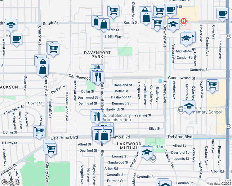 map of restaurants, bars, coffee shops, grocery stores, and more near 2802 Dollar Street in Lakewood