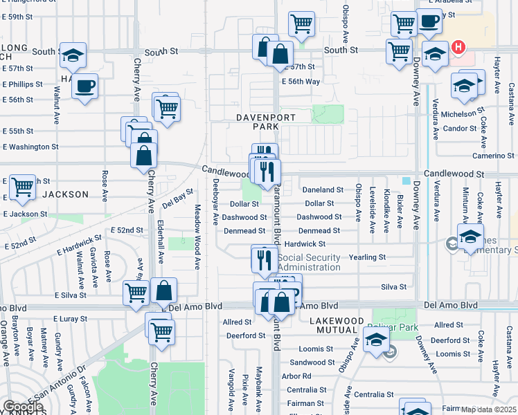map of restaurants, bars, coffee shops, grocery stores, and more near 2606 Dollar Street in Lakewood