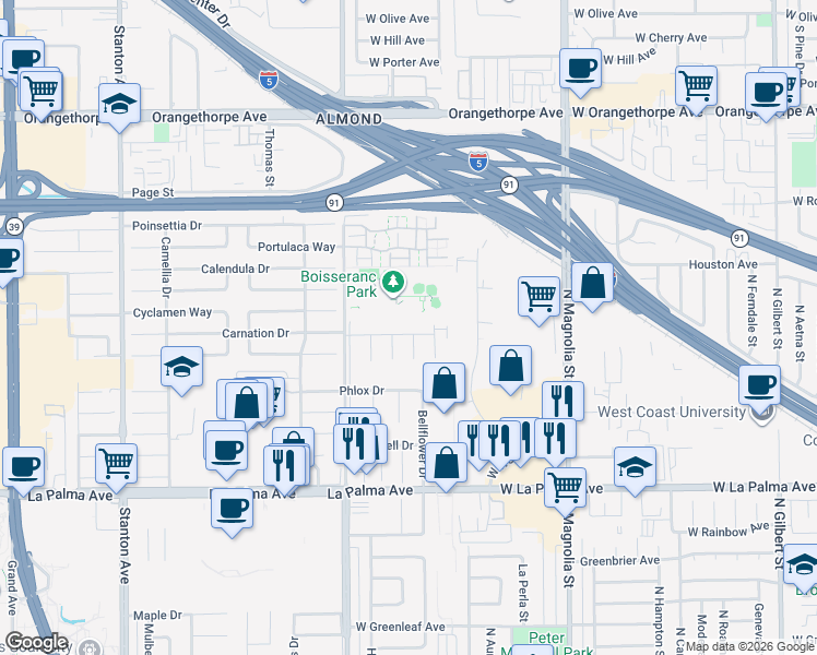 map of restaurants, bars, coffee shops, grocery stores, and more near 8647 Carnation Drive in Buena Park