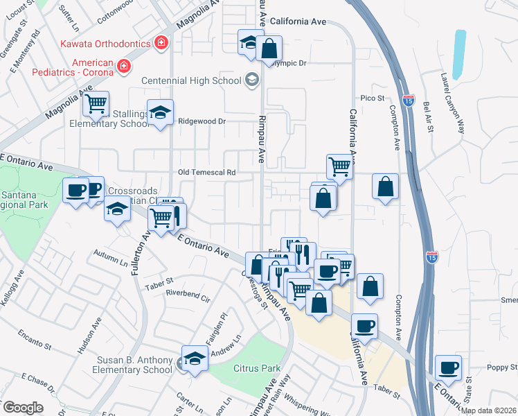 map of restaurants, bars, coffee shops, grocery stores, and more near 2040 Begley Drive in Corona