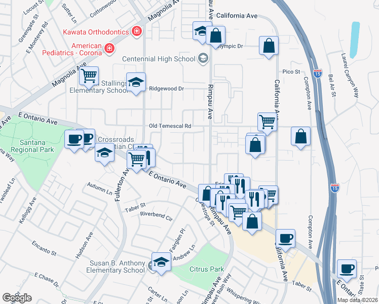 map of restaurants, bars, coffee shops, grocery stores, and more near 2157 Brighton Circle in Corona