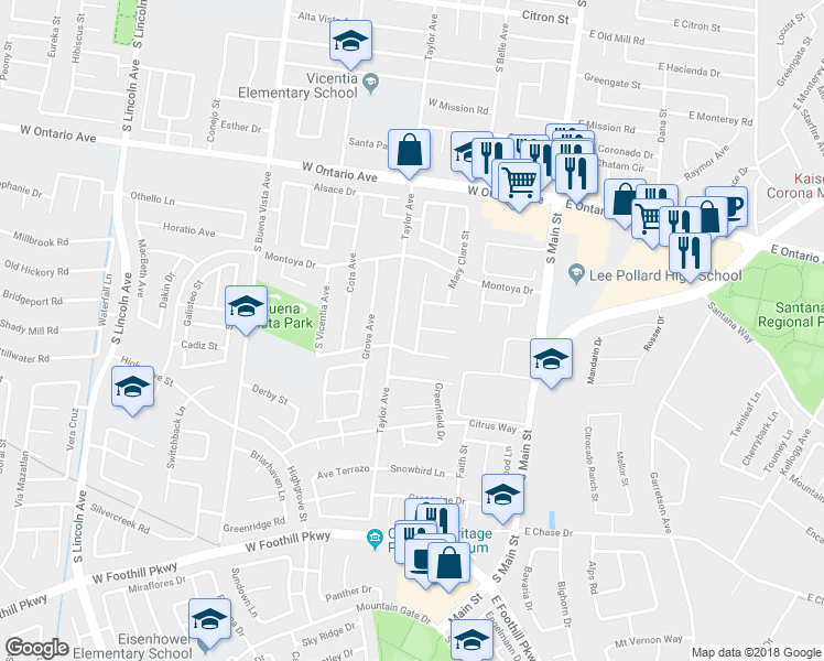 map of restaurants, bars, coffee shops, grocery stores, and more near 536 Rocco Circle in Corona