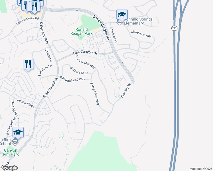 map of restaurants, bars, coffee shops, grocery stores, and more near 1192 South Silver Star Way in Anaheim