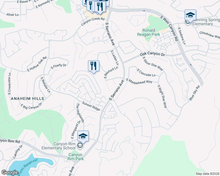 map of restaurants, bars, coffee shops, grocery stores, and more near 1090 South Rexford Lane in Anaheim