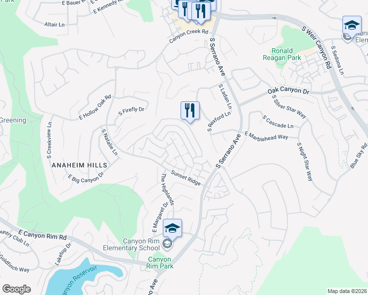 map of restaurants, bars, coffee shops, grocery stores, and more near 7870 East Horizon View Drive in Anaheim