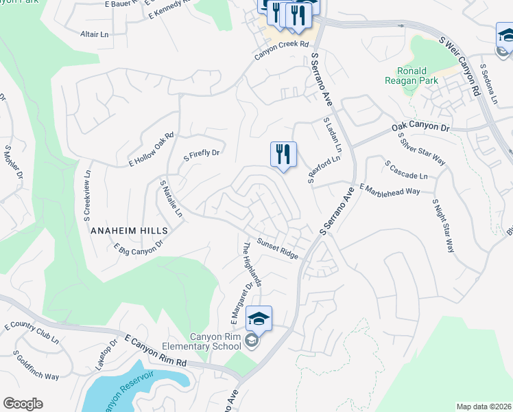 map of restaurants, bars, coffee shops, grocery stores, and more near 7798 East Portofino Avenue in Anaheim