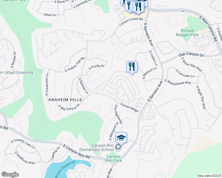 map of restaurants, bars, coffee shops, grocery stores, and more near 7741 East Portofino Avenue in Anaheim