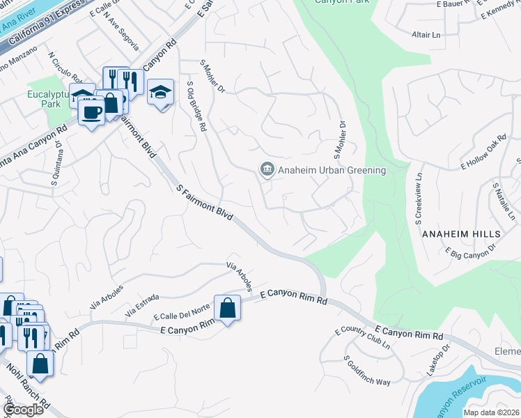 map of restaurants, bars, coffee shops, grocery stores, and more near 405 South Bridge View Drive in Anaheim