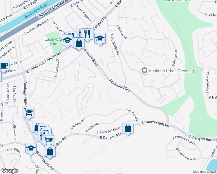 map of restaurants, bars, coffee shops, grocery stores, and more near 6681 East Canyon Hills Road in Anaheim