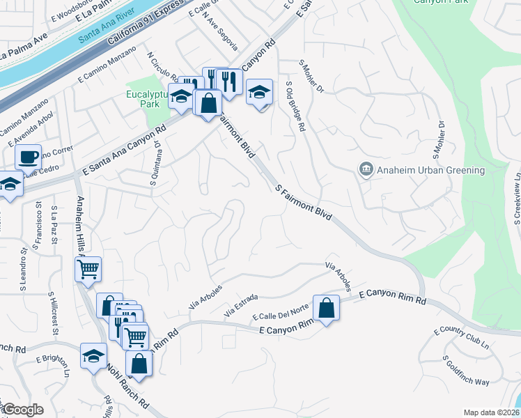 map of restaurants, bars, coffee shops, grocery stores, and more near 330 South Whitestone Drive in Anaheim