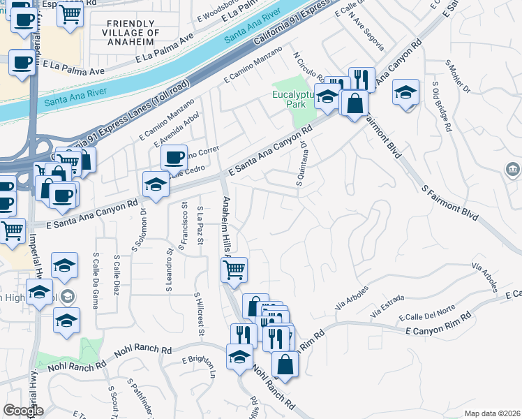 map of restaurants, bars, coffee shops, grocery stores, and more near 160 South Summertree Road in Anaheim