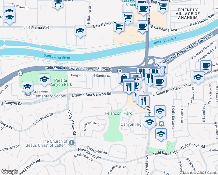 map of restaurants, bars, coffee shops, grocery stores, and more near 116 North Lohrum Lane in Anaheim