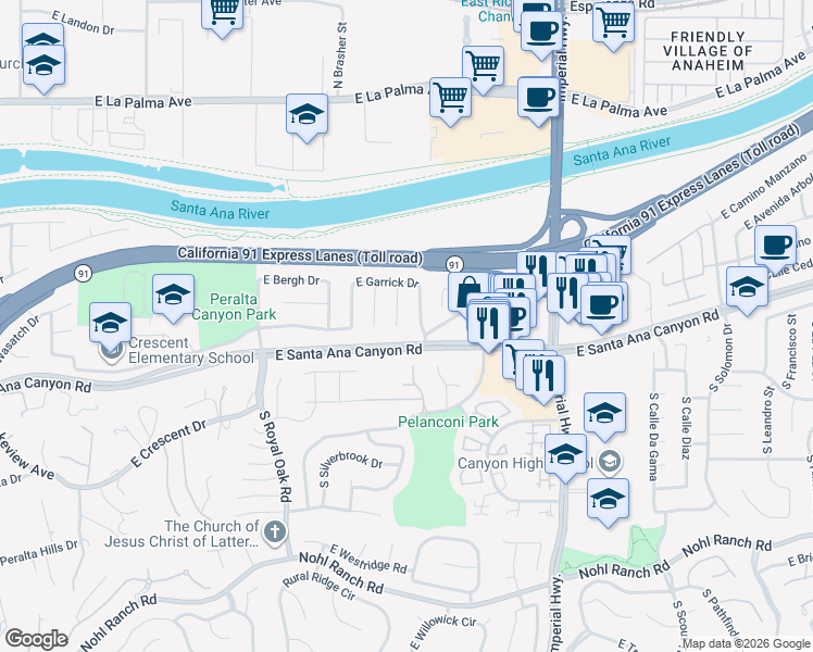 map of restaurants, bars, coffee shops, grocery stores, and more near 116 North Lohrum Lane in Anaheim