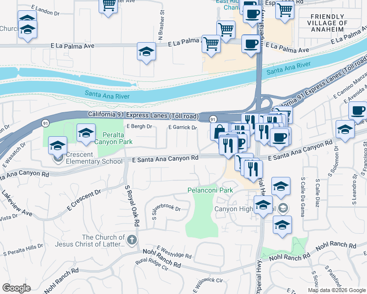 map of restaurants, bars, coffee shops, grocery stores, and more near 116 North Lohrum Lane in Anaheim