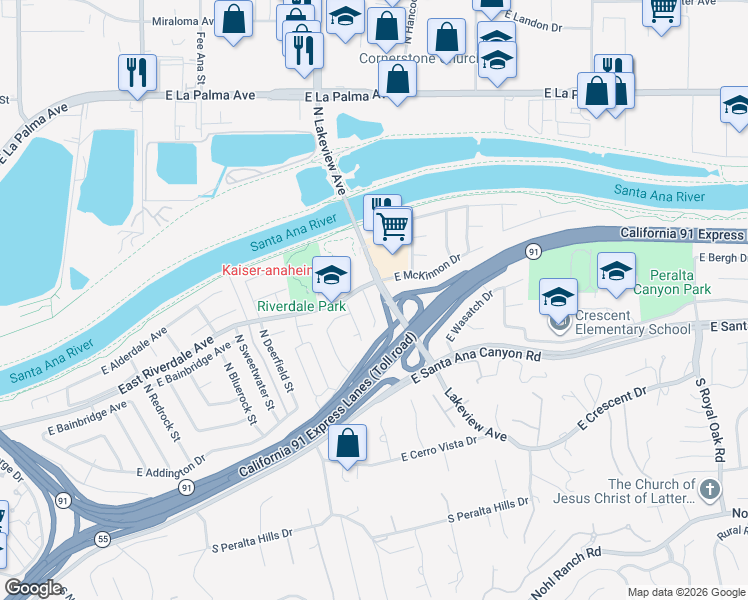 map of restaurants, bars, coffee shops, grocery stores, and more near 370 North Lakedale Drive in Anaheim