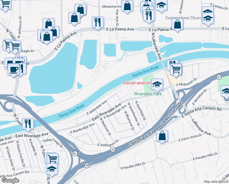 map of restaurants, bars, coffee shops, grocery stores, and more near 4401 East Alderdale Avenue in Anaheim