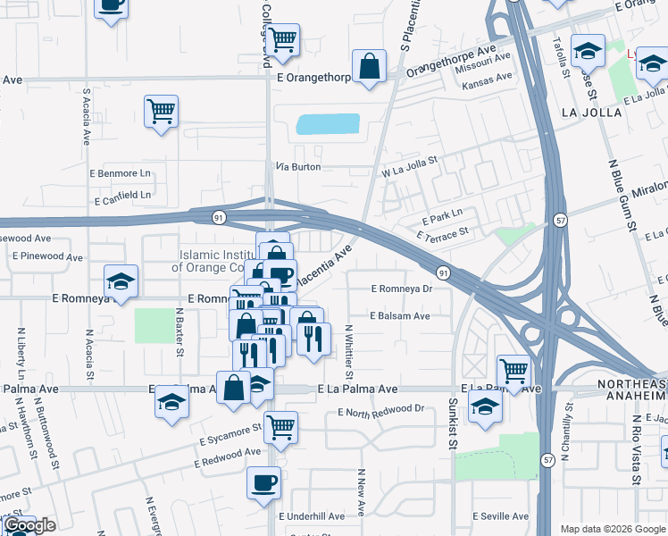 map of restaurants, bars, coffee shops, grocery stores, and more near 1266 North Placentia Avenue in Anaheim