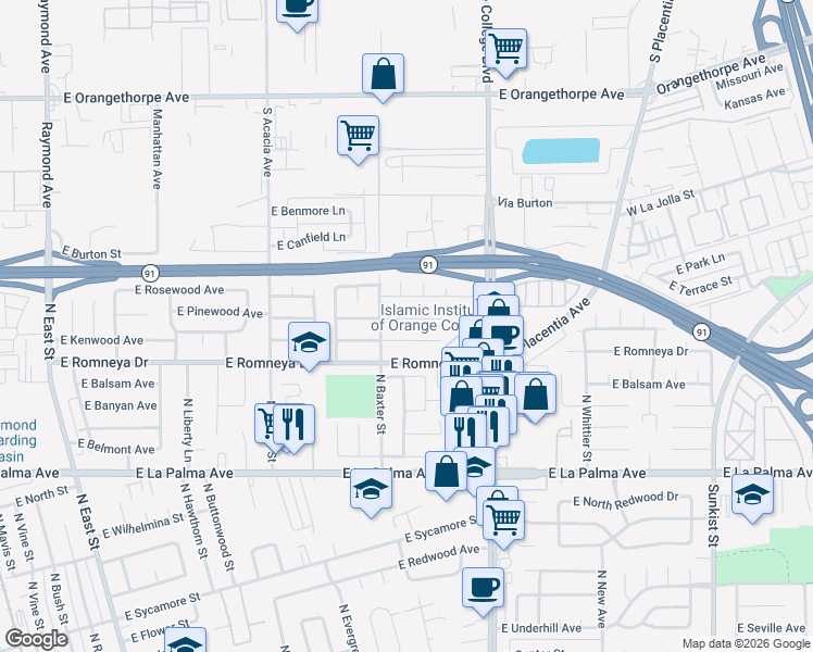map of restaurants, bars, coffee shops, grocery stores, and more near 1722 East Arbutus Avenue in Anaheim
