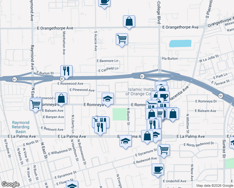 map of restaurants, bars, coffee shops, grocery stores, and more near 1227 North Evergreen Street in Anaheim