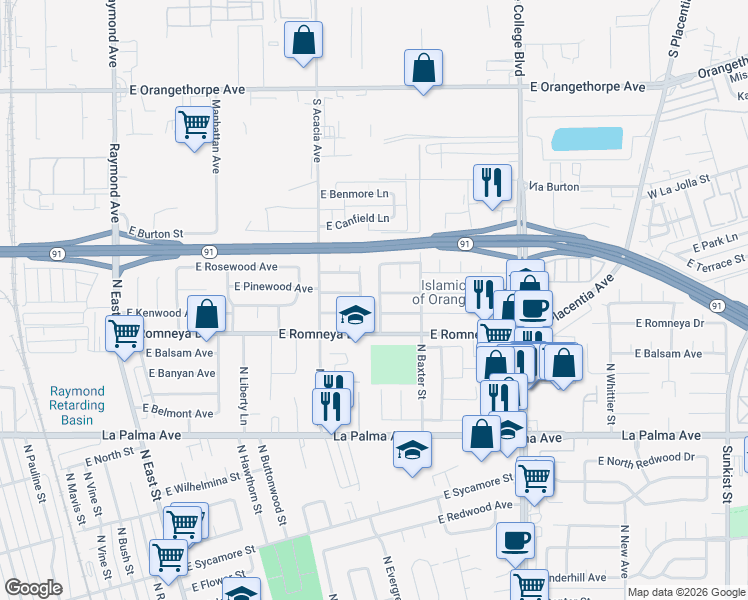 map of restaurants, bars, coffee shops, grocery stores, and more near 1227 North Evergreen Street in Anaheim
