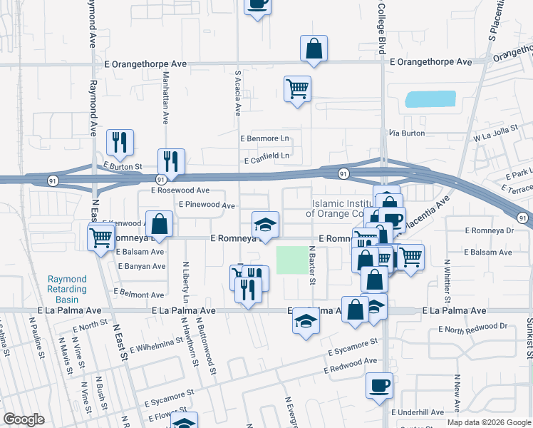 map of restaurants, bars, coffee shops, grocery stores, and more near 1526 East Pinewood Avenue in Anaheim