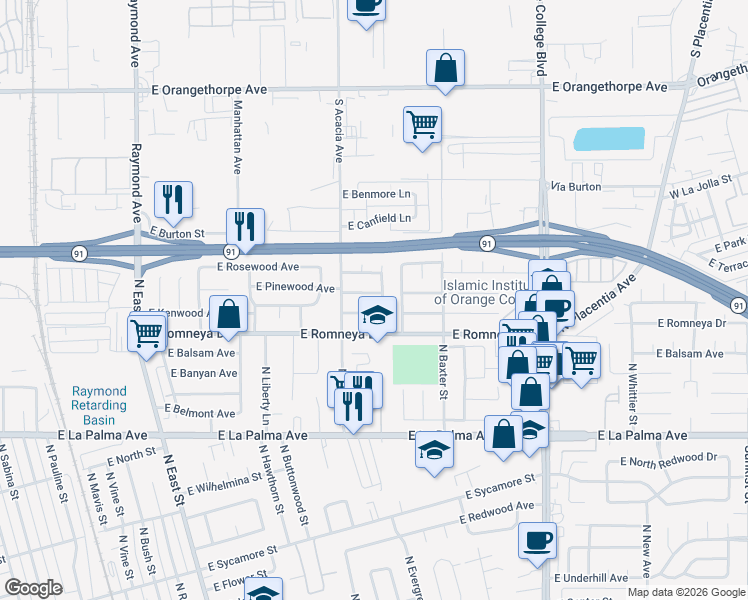 map of restaurants, bars, coffee shops, grocery stores, and more near 1526 East Pinewood Avenue in Anaheim