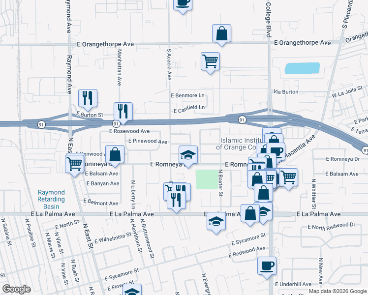 map of restaurants, bars, coffee shops, grocery stores, and more near 1526 East Pinewood Avenue in Anaheim