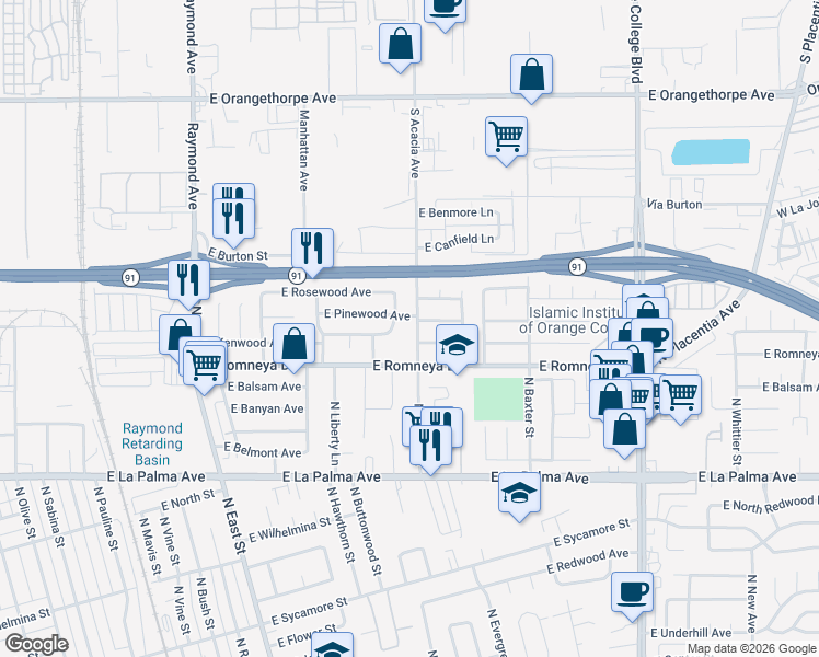 map of restaurants, bars, coffee shops, grocery stores, and more near 1470 East Kenwood Avenue in Anaheim