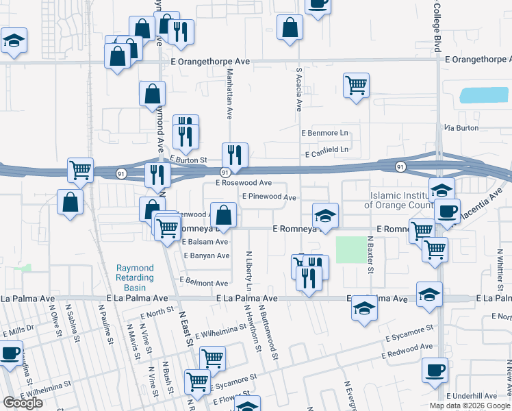 map of restaurants, bars, coffee shops, grocery stores, and more near 1407 East Kenwood Avenue in Anaheim