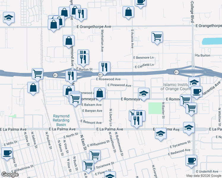 map of restaurants, bars, coffee shops, grocery stores, and more near 1407 East Kenwood Avenue in Anaheim