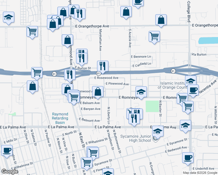 map of restaurants, bars, coffee shops, grocery stores, and more near 1407 East Kenwood Avenue in Anaheim