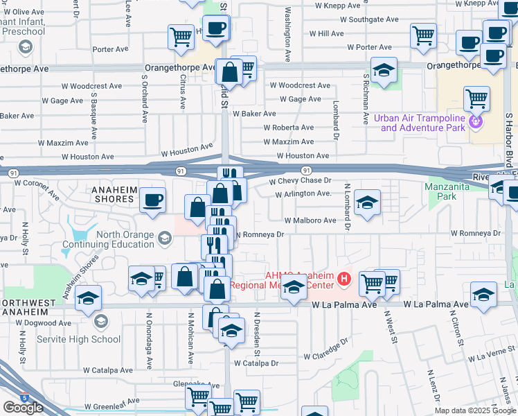 map of restaurants, bars, coffee shops, grocery stores, and more near 1232 North Minteer Street in Anaheim