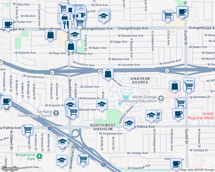 map of restaurants, bars, coffee shops, grocery stores, and more near 1240 North Holly Street in Anaheim