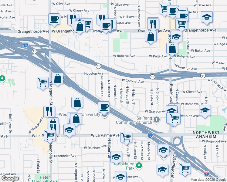 map of restaurants, bars, coffee shops, grocery stores, and more near 1312 North Gilbert Street in Anaheim