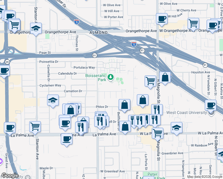 map of restaurants, bars, coffee shops, grocery stores, and more near 8647 Carnation Drive in Buena Park