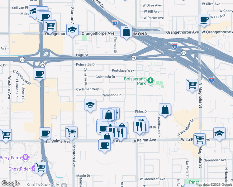 map of restaurants, bars, coffee shops, grocery stores, and more near 8381 Carnation Drive in Buena Park