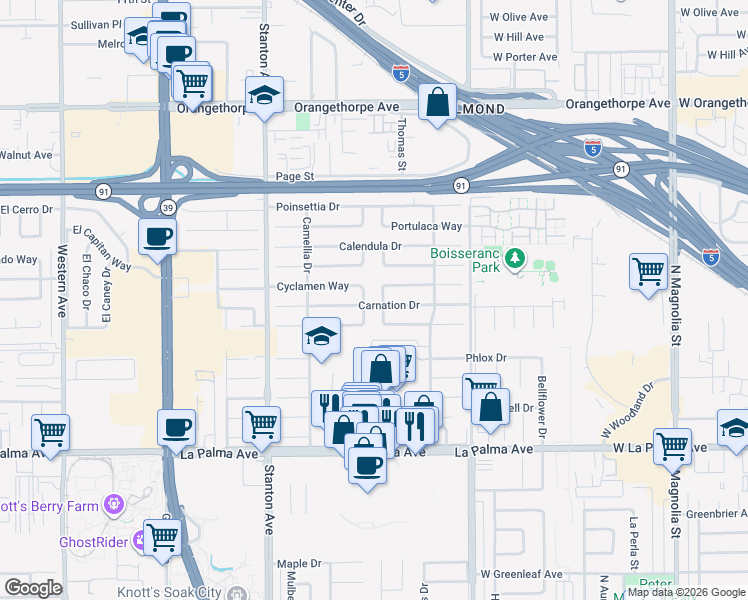 map of restaurants, bars, coffee shops, grocery stores, and more near 8297 Carnation Drive in Buena Park