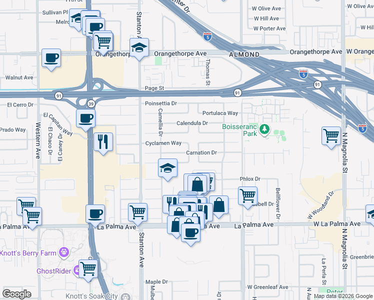 map of restaurants, bars, coffee shops, grocery stores, and more near 8205 Carnation Drive in Buena Park