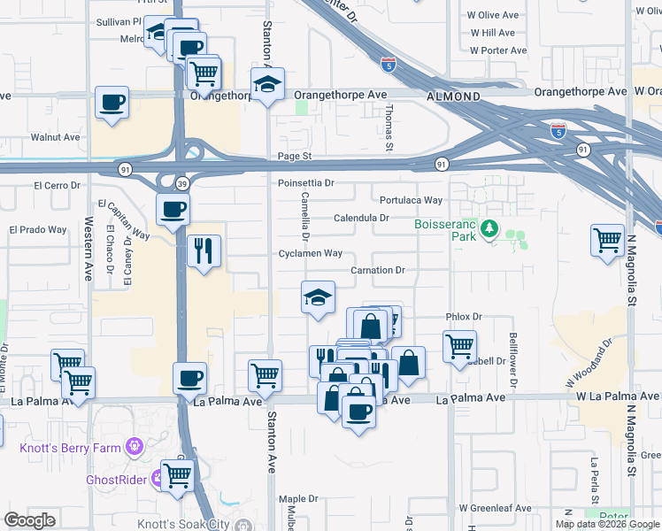 map of restaurants, bars, coffee shops, grocery stores, and more near 8205 Carnation Drive in Buena Park
